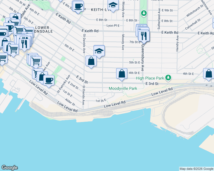 map of restaurants, bars, coffee shops, grocery stores, and more near in North Vancouver