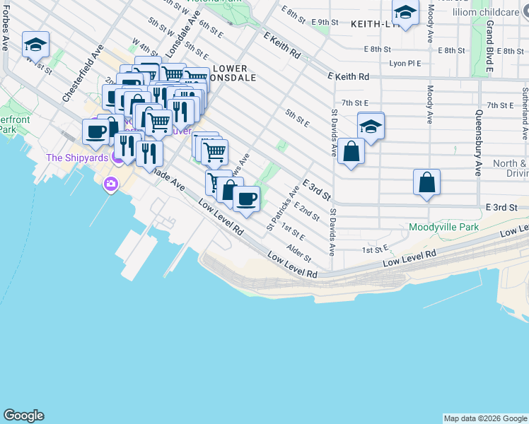 map of restaurants, bars, coffee shops, grocery stores, and more near 365 1st Street East in North Vancouver