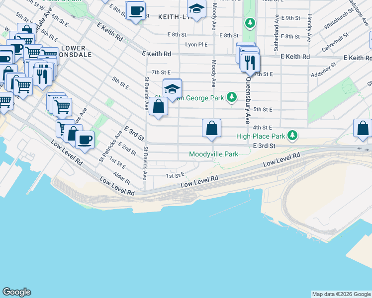 map of restaurants, bars, coffee shops, grocery stores, and more near 615 East 3rd Street in North Vancouver