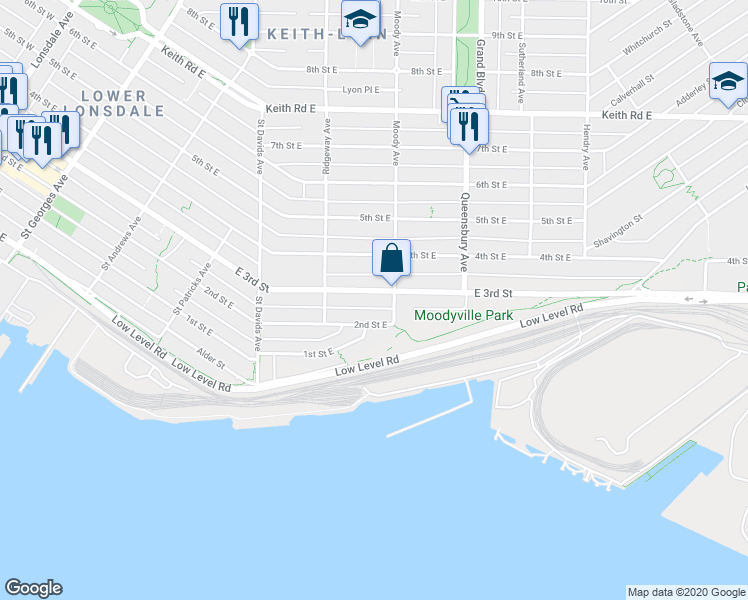 map of restaurants, bars, coffee shops, grocery stores, and more near 649 East 3rd Street in North Vancouver