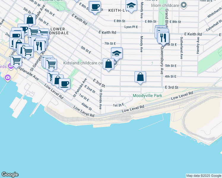 map of restaurants, bars, coffee shops, grocery stores, and more near 533 East 3rd Street in North Vancouver