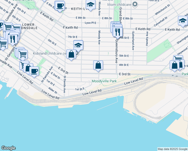 map of restaurants, bars, coffee shops, grocery stores, and more near in North Vancouver