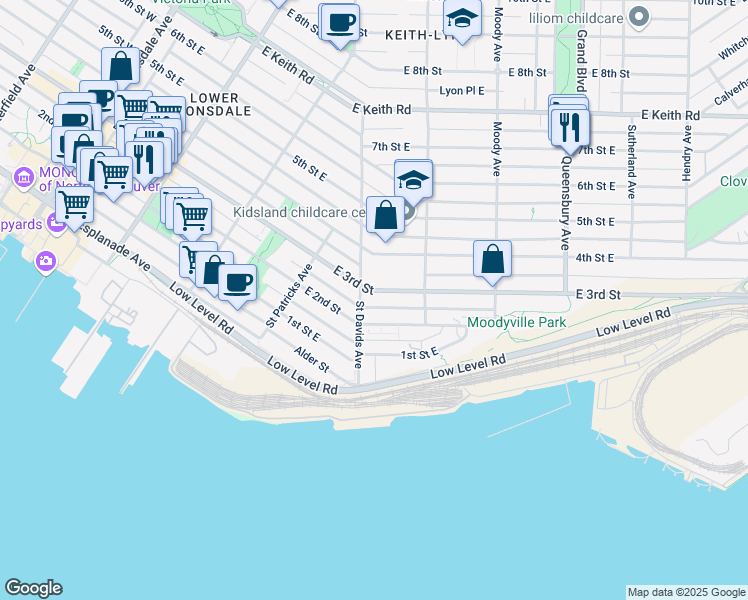 map of restaurants, bars, coffee shops, grocery stores, and more near 288 Saint Davids Avenue in North Vancouver