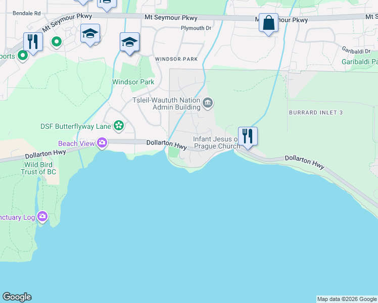 map of restaurants, bars, coffee shops, grocery stores, and more near Dollarton Highway in Vancouver
