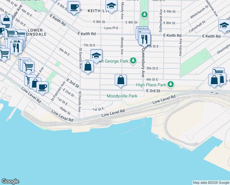 map of restaurants, bars, coffee shops, grocery stores, and more near 649 East 3rd Street in North Vancouver