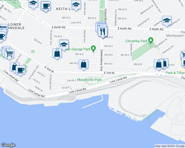 map of restaurants, bars, coffee shops, grocery stores, and more near in North Vancouver