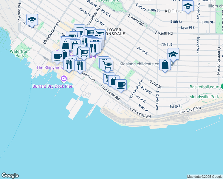 map of restaurants, bars, coffee shops, grocery stores, and more near in North Vancouver