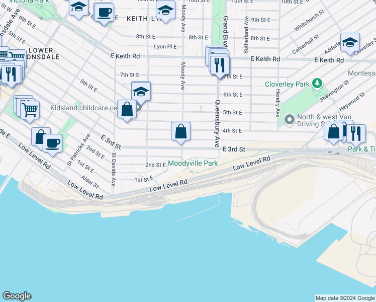 map of restaurants, bars, coffee shops, grocery stores, and more near 707 East 3rd Street in North Vancouver