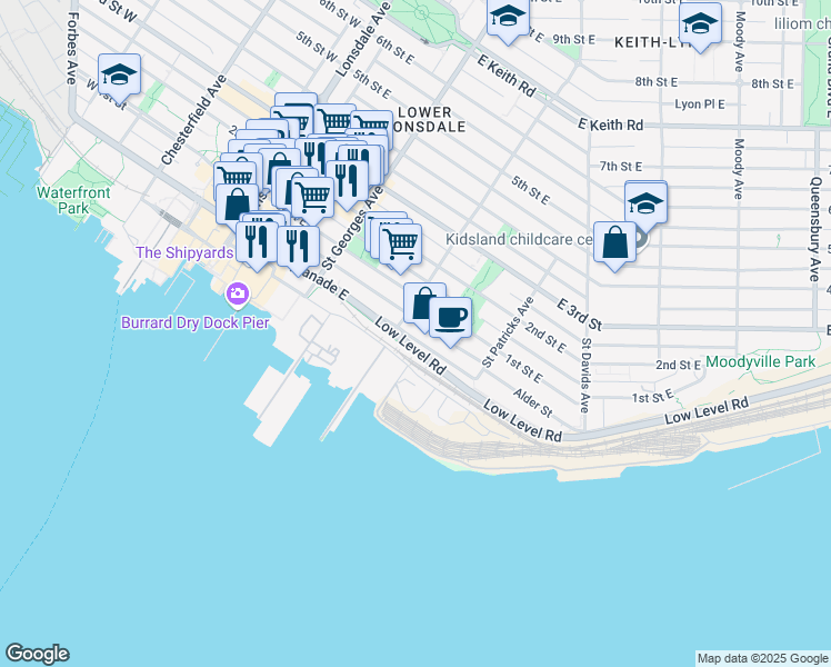 map of restaurants, bars, coffee shops, grocery stores, and more near in North Vancouver