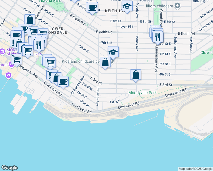 map of restaurants, bars, coffee shops, grocery stores, and more near 533 East 3rd Street in North Vancouver