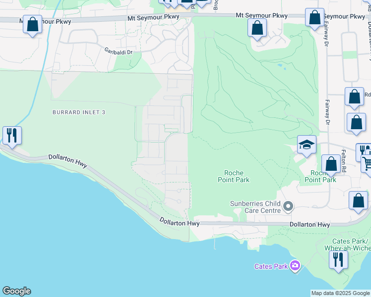map of restaurants, bars, coffee shops, grocery stores, and more near 3606 Aldercrest Drive in North Vancouver