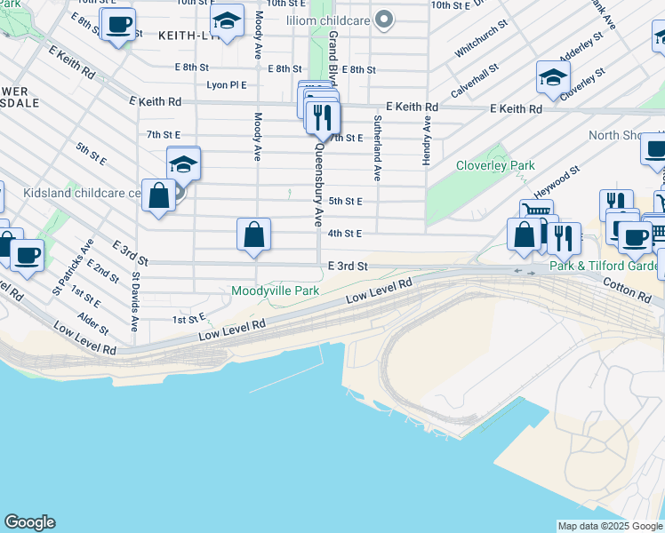 map of restaurants, bars, coffee shops, grocery stores, and more near 819 East 3rd Street in North Vancouver