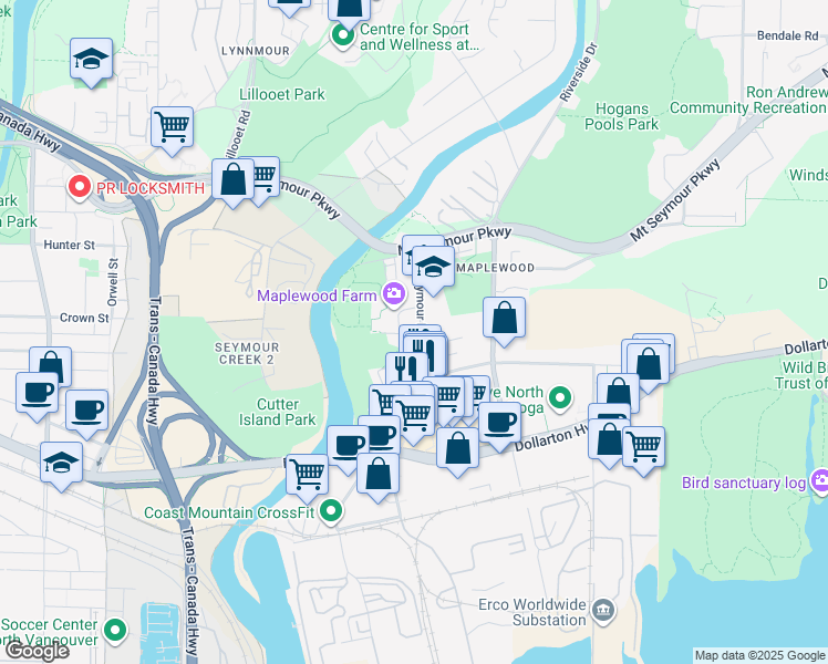 map of restaurants, bars, coffee shops, grocery stores, and more near 347 Seymour River Place in North Vancouver