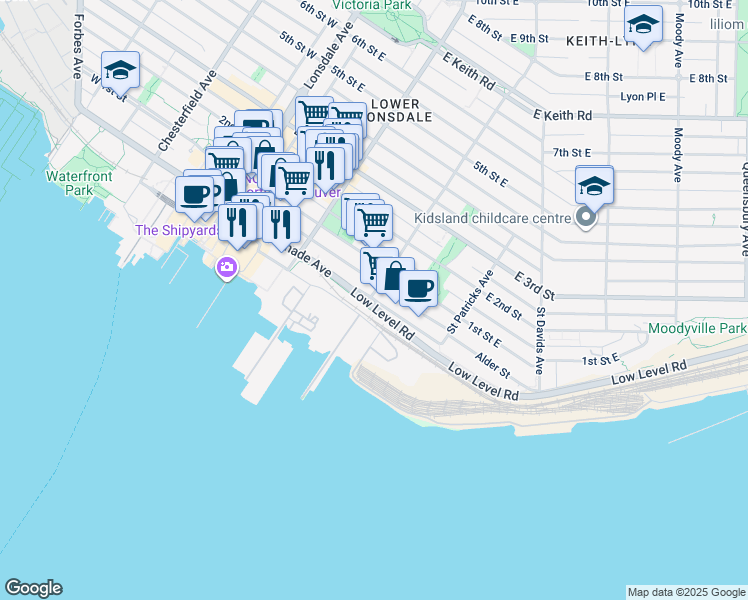 map of restaurants, bars, coffee shops, grocery stores, and more near 310 Esplanade East in North Vancouver