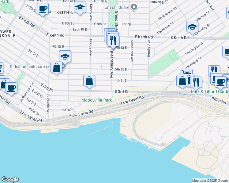 map of restaurants, bars, coffee shops, grocery stores, and more near 808 E 3 St in North Vancouver