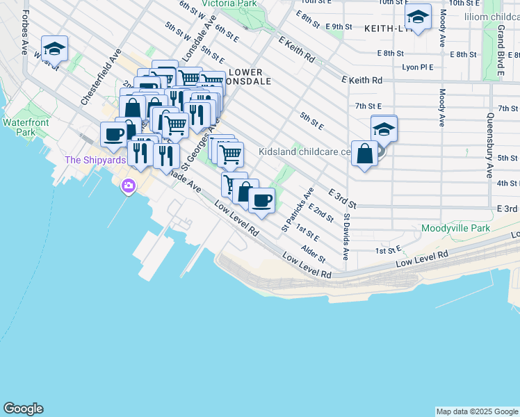 map of restaurants, bars, coffee shops, grocery stores, and more near 333 1st Street East in North Vancouver