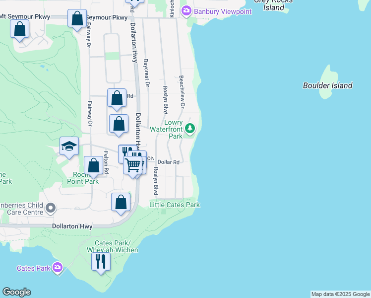 map of restaurants, bars, coffee shops, grocery stores, and more near 550 Lowry Lane in North Vancouver