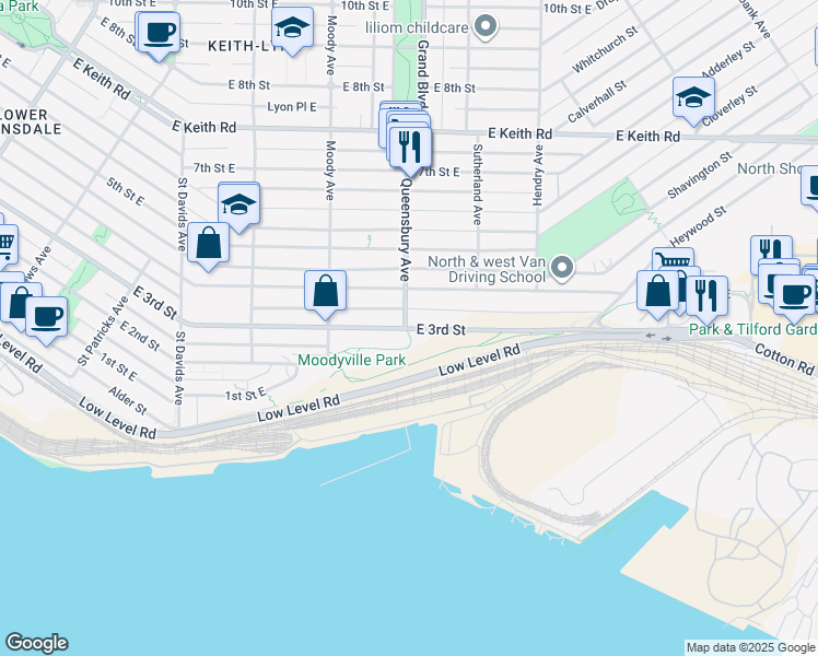 map of restaurants, bars, coffee shops, grocery stores, and more near 808 E 3 St in North Vancouver