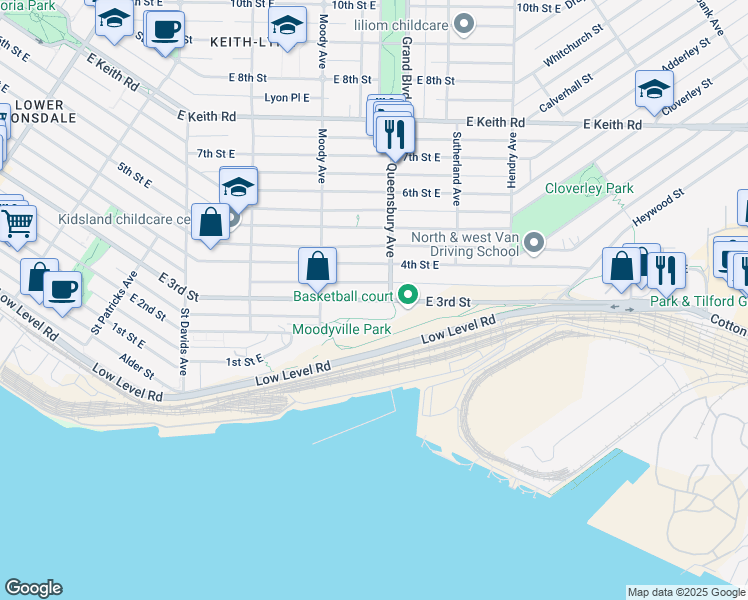 map of restaurants, bars, coffee shops, grocery stores, and more near 747 East 3rd Street in North Vancouver