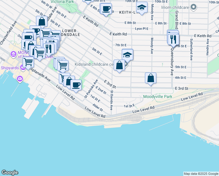 map of restaurants, bars, coffee shops, grocery stores, and more near 245 Saint Davids Avenue in North Vancouver