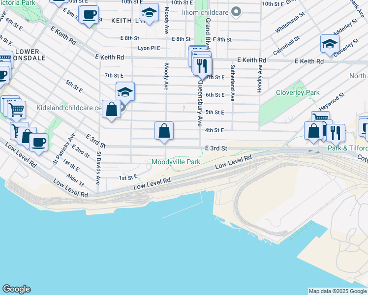 map of restaurants, bars, coffee shops, grocery stores, and more near 733 East 3rd Street in North Vancouver