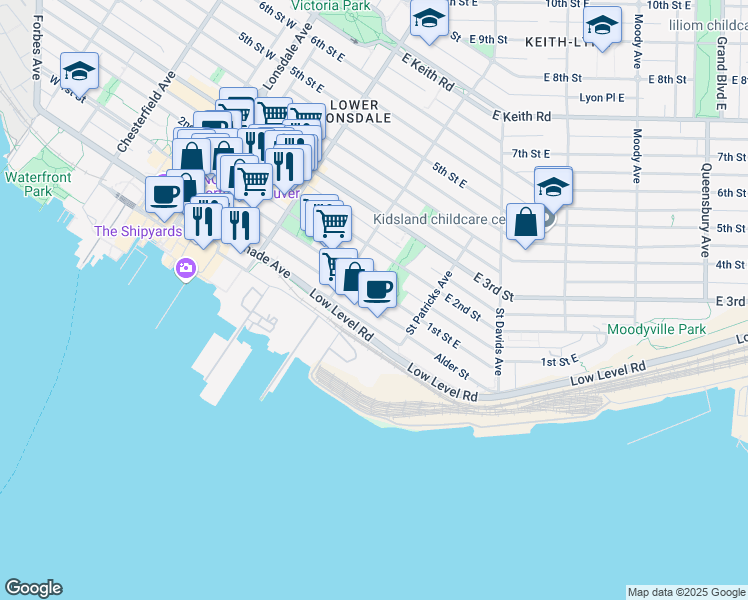 map of restaurants, bars, coffee shops, grocery stores, and more near 333 1st Street East in North Vancouver