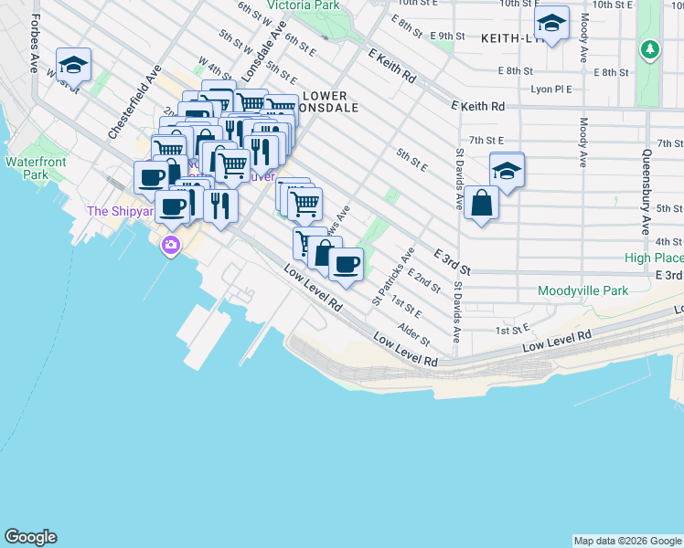map of restaurants, bars, coffee shops, grocery stores, and more near 333 1st Street East in North Vancouver