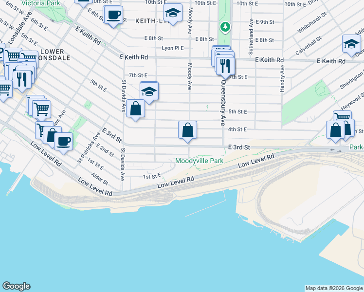 map of restaurants, bars, coffee shops, grocery stores, and more near 648 East 3rd Street in North Vancouver