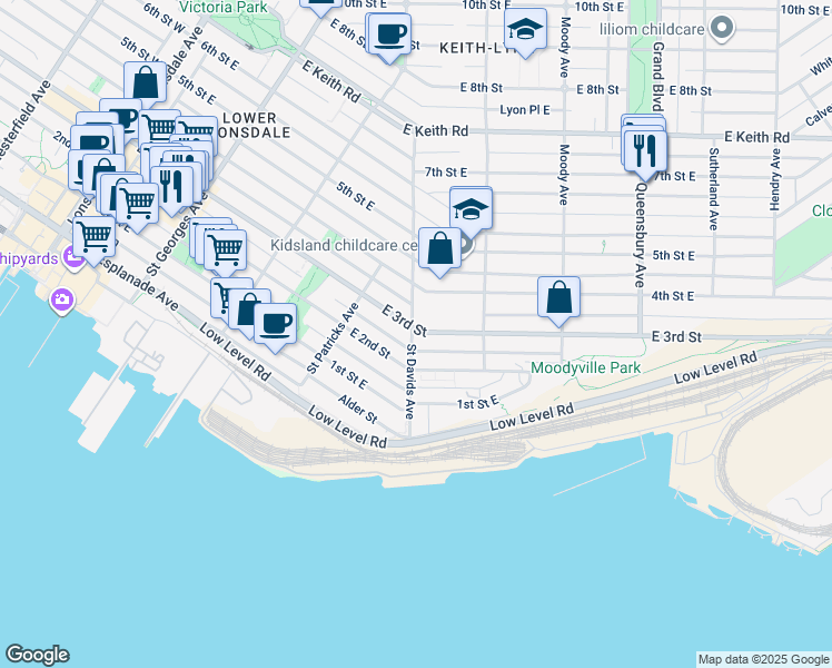map of restaurants, bars, coffee shops, grocery stores, and more near in North Vancouver