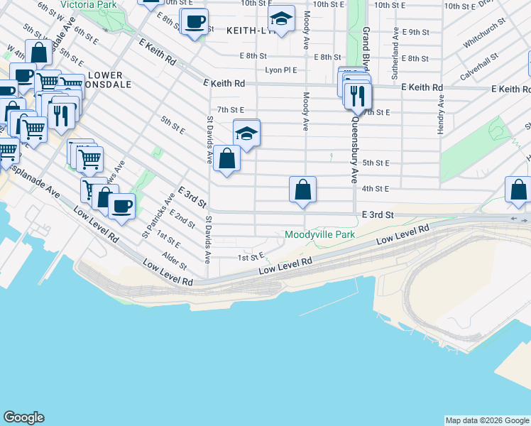 map of restaurants, bars, coffee shops, grocery stores, and more near 615 East 3rd Street in North Vancouver