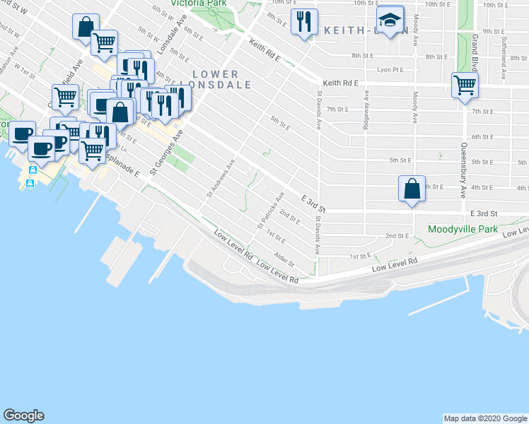 map of restaurants, bars, coffee shops, grocery stores, and more near 137 Saint Patricks Avenue in North Vancouver