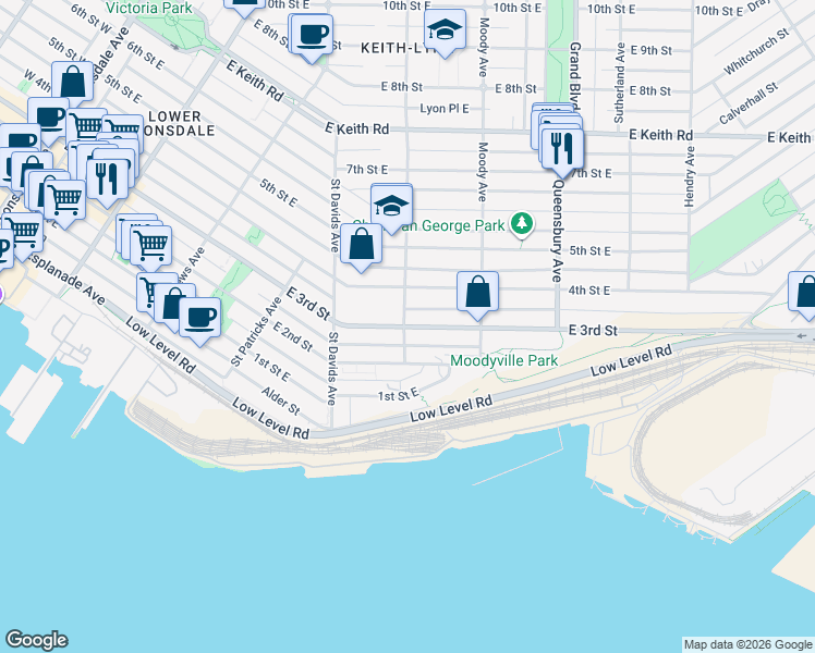 map of restaurants, bars, coffee shops, grocery stores, and more near 612 East 3rd Street in North Vancouver