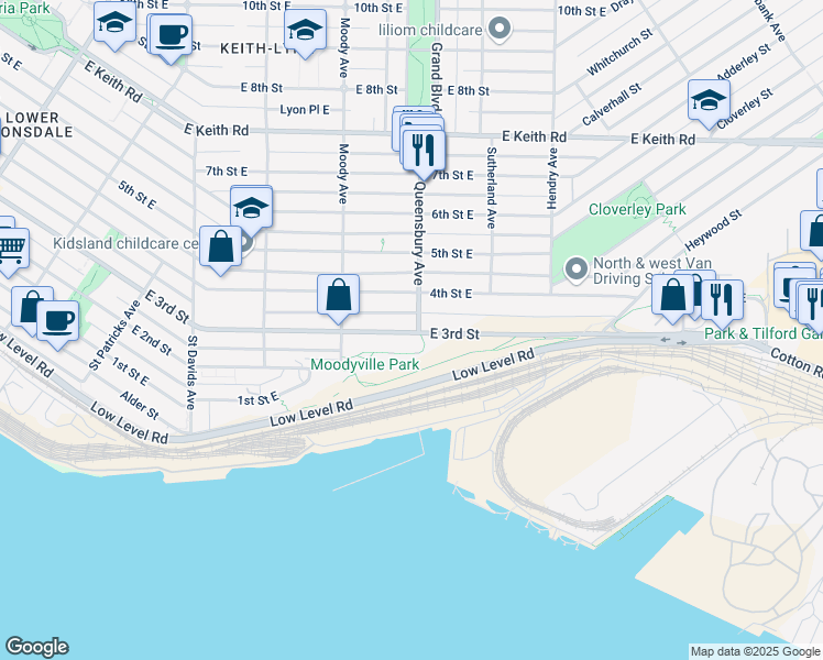 map of restaurants, bars, coffee shops, grocery stores, and more near 201 East 3rd Street in North Vancouver