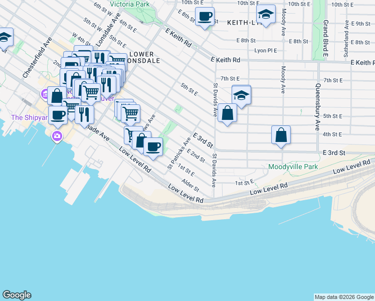 map of restaurants, bars, coffee shops, grocery stores, and more near 412 East 2nd Street in North Vancouver