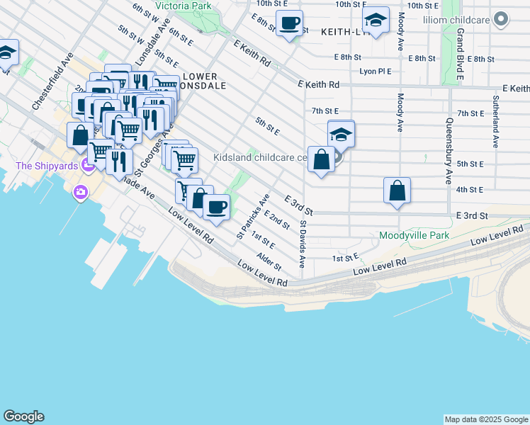 map of restaurants, bars, coffee shops, grocery stores, and more near 412 East 2nd Street in North Vancouver