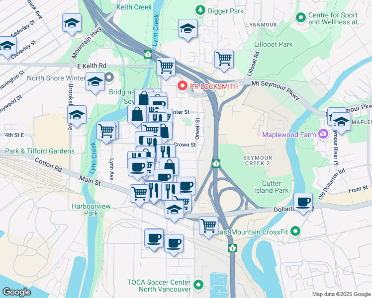 map of restaurants, bars, coffee shops, grocery stores, and more near 1547 Crown Street in North Vancouver