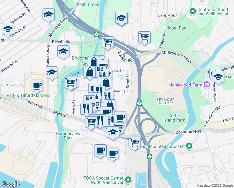 map of restaurants, bars, coffee shops, grocery stores, and more near 1527 Crown Street in North Vancouver