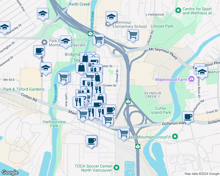 map of restaurants, bars, coffee shops, grocery stores, and more near 1547 Crown Street in North Vancouver