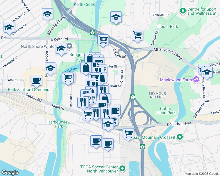 map of restaurants, bars, coffee shops, grocery stores, and more near in North Vancouver