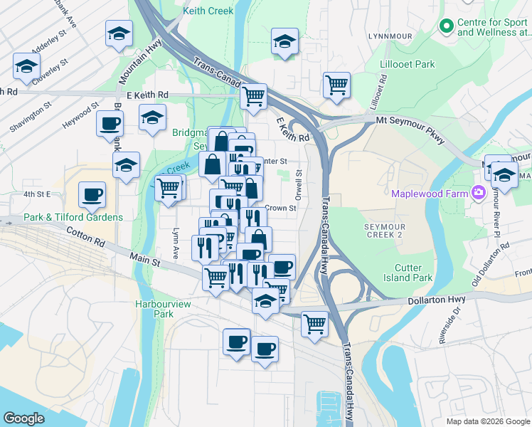 map of restaurants, bars, coffee shops, grocery stores, and more near 1519 Crown Street in North Vancouver
