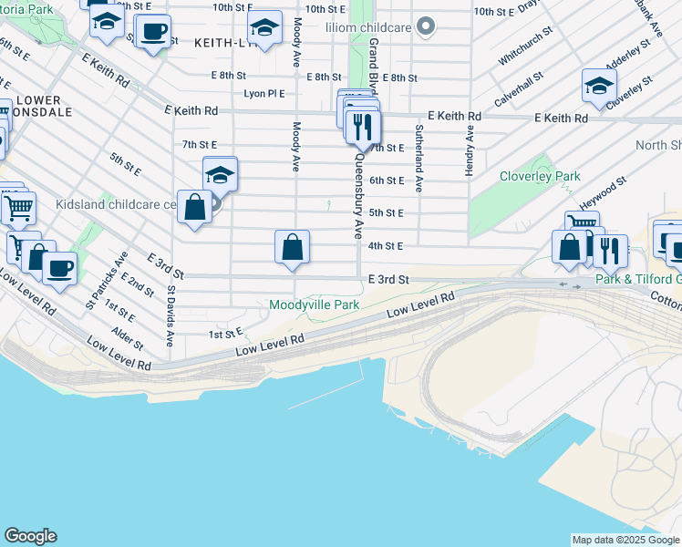 map of restaurants, bars, coffee shops, grocery stores, and more near 748 3rd Street East in North Vancouver