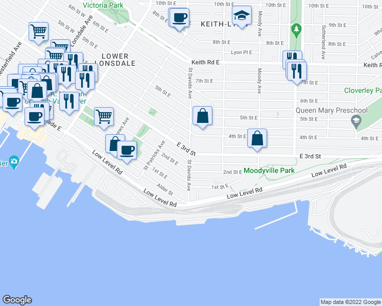 map of restaurants, bars, coffee shops, grocery stores, and more near 474 East 3rd Street in North Vancouver