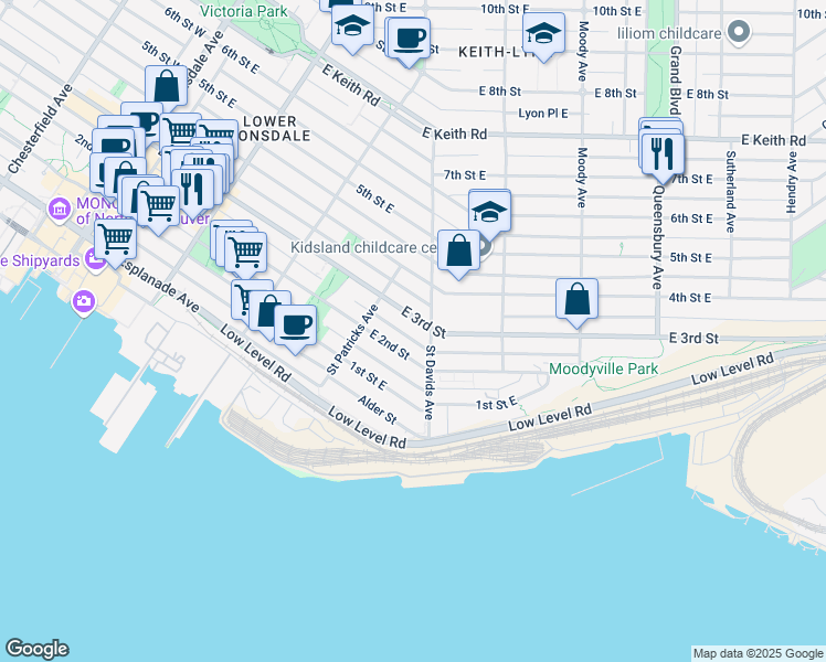 map of restaurants, bars, coffee shops, grocery stores, and more near 441 East 3rd Street in North Vancouver