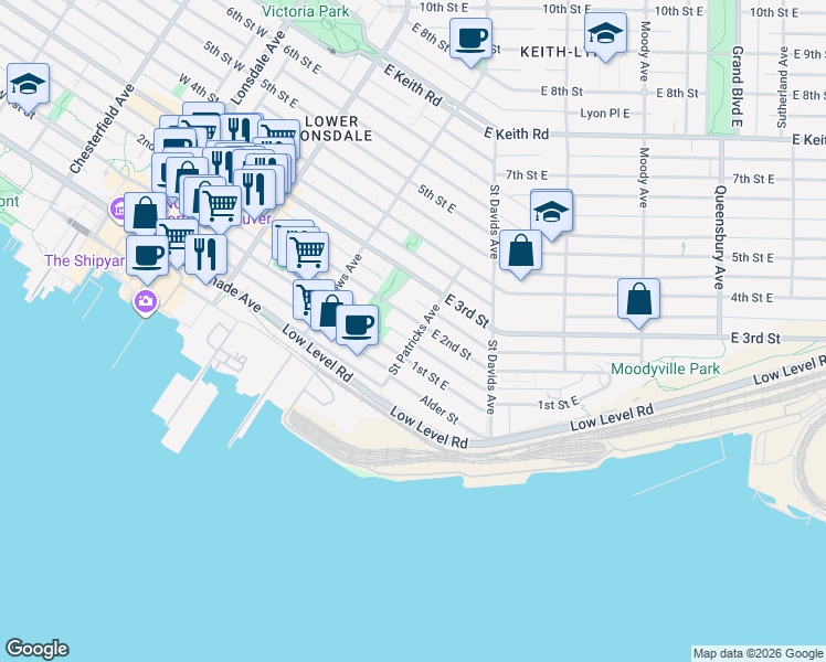 map of restaurants, bars, coffee shops, grocery stores, and more near 147 Saint Patricks Avenue in North Vancouver