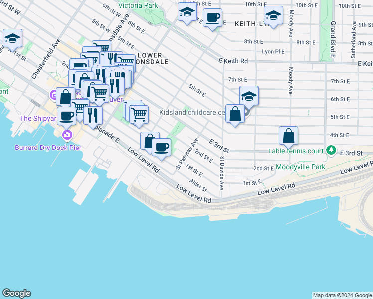 map of restaurants, bars, coffee shops, grocery stores, and more near 149 Saint Patricks Avenue in North Vancouver