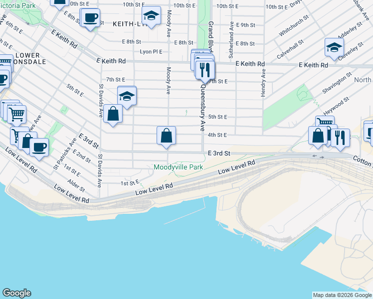 map of restaurants, bars, coffee shops, grocery stores, and more near 738 East 3rd Street in North Vancouver