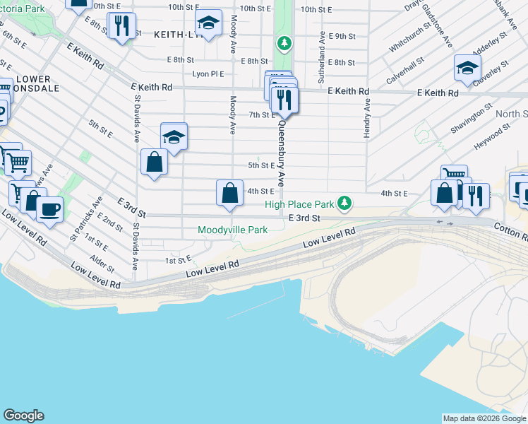 map of restaurants, bars, coffee shops, grocery stores, and more near in North Vancouver