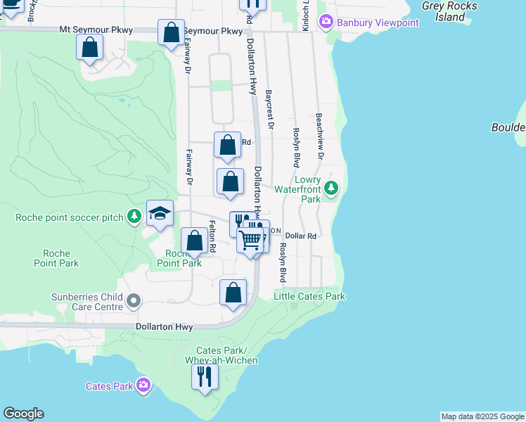 map of restaurants, bars, coffee shops, grocery stores, and more near 542 Dollarton Highway North in North Vancouver