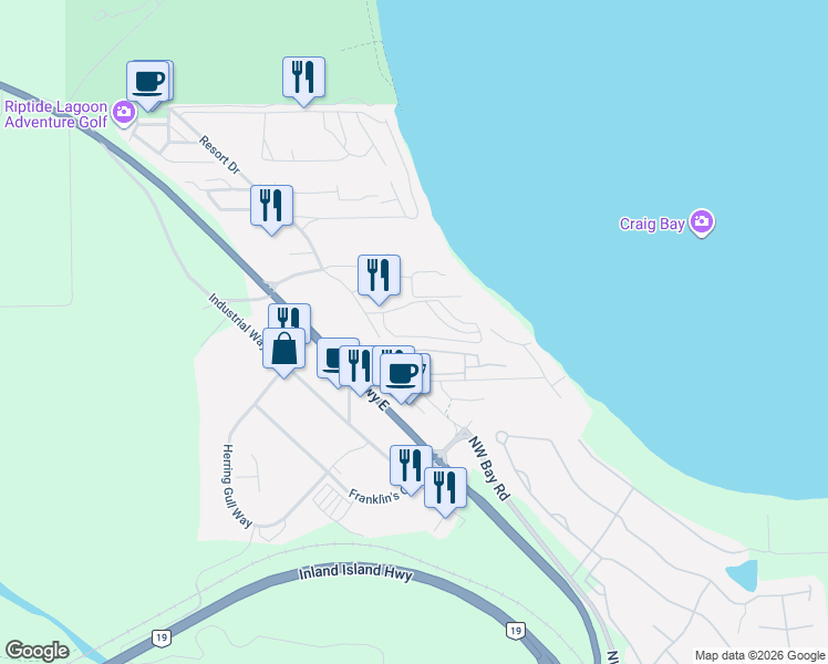 map of restaurants, bars, coffee shops, grocery stores, and more near 1175 Resort Drive in Parksville