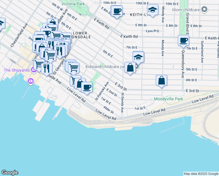 map of restaurants, bars, coffee shops, grocery stores, and more near 412 East 2nd Street in North Vancouver
